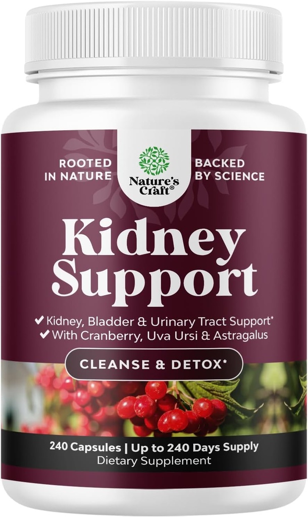 Advanced Kidney Support Supplement - Kidney Cleanse Detox & Tamir Cranberry Extract Capsules with Uva Ursi, Sting Nettle & Astragalus for Kidney Health - Urinary Tract Health - 240 Caps