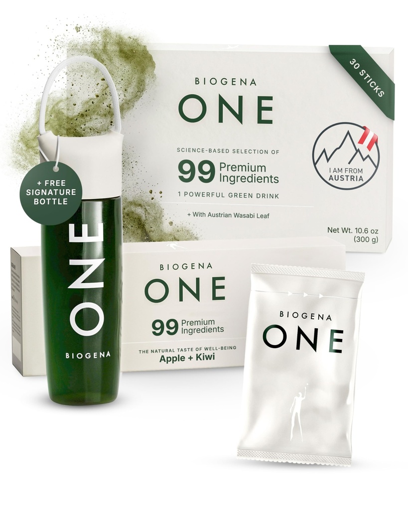 BIOGENA ONE All-in-one Super Greens Powder - 30 Travel Packs + Shaker - Supports Energy Metabolism & Immune Function**- 99 Nutrients with Probiotics, Vitamins & CoQ10 - No Added Sugar - Apple-Kiwi