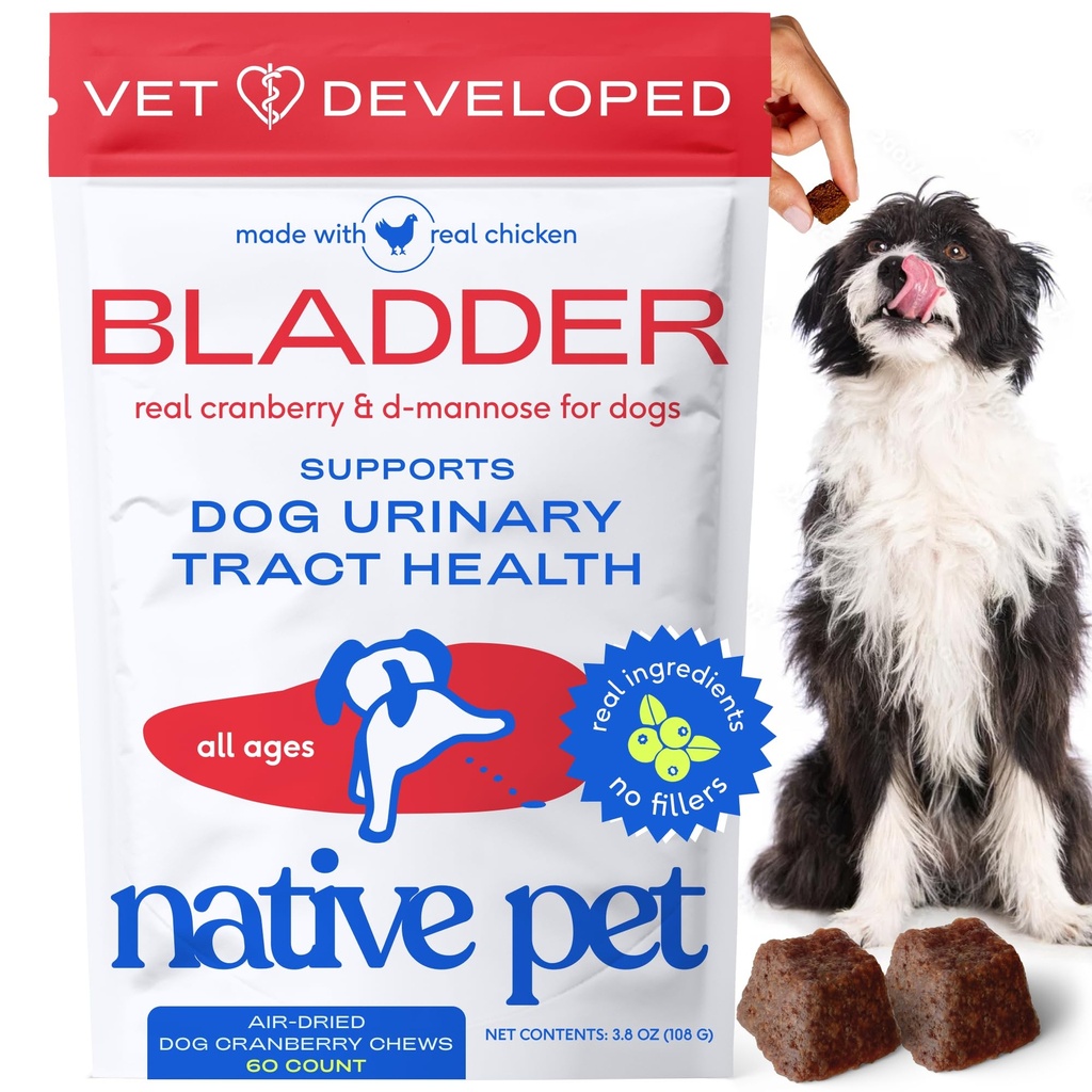Native Pet Dog UTI Treatment - Cranberry Supplement for Dogs - Supports Normal Bladder Function, Urinary Tract & Kidney Health - Real Cranberry Extract, D-Mannose & Probiotics - Air-Dried - 60 Chews