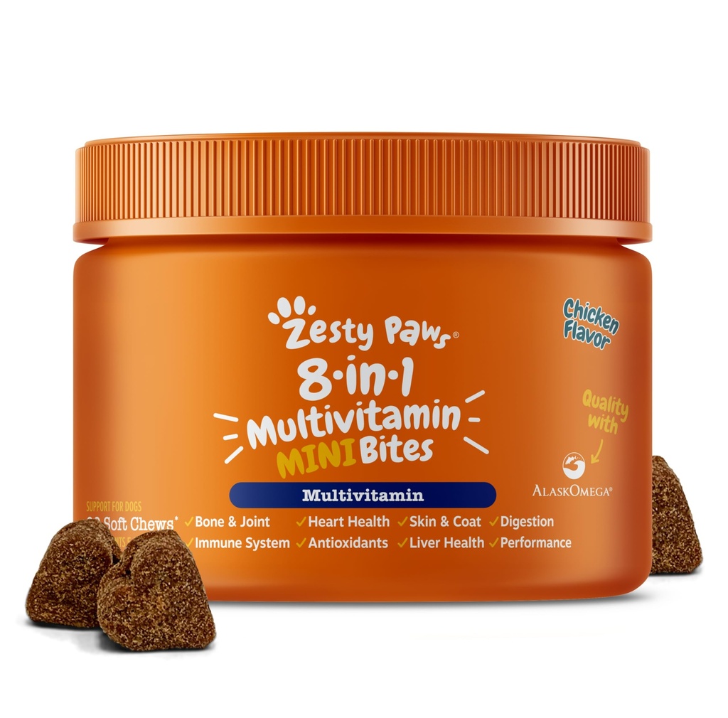 Zesty Paws Dog Multivitamin, Chewable Dog Vitamins and Supplements for Hip & Joints, Skin & Coat, Omega 3 Fish Oil for Dogs- Senior & Puppy Multivitamin - Chicken Mini Bites- 90ct