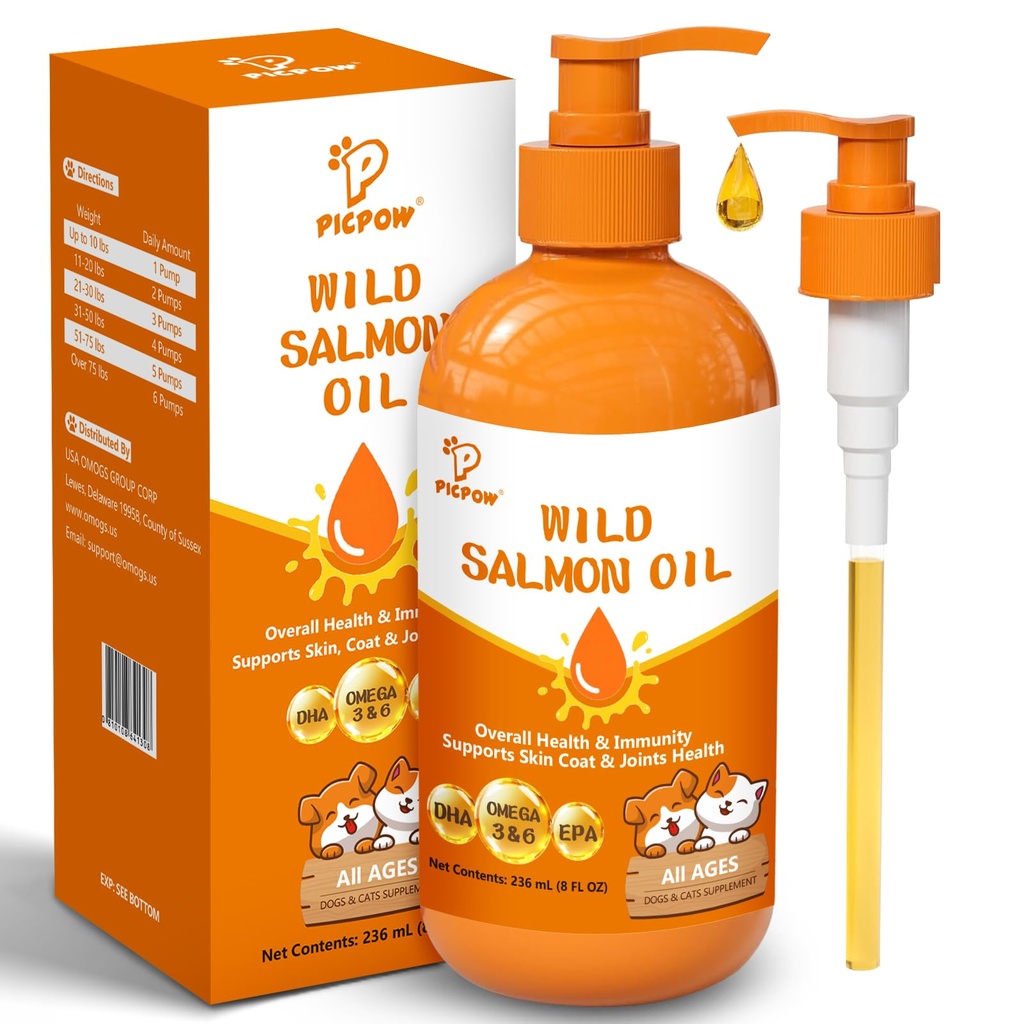 Wild Alaskan Salmon Oil for Dogs & Cats, Fish Oil Omega 3 Supplements with EPA & DHA, Support Skin & Coat, Itchy Relief, Immune, Joints & Heart Health, 8 oz