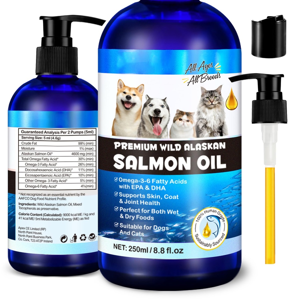 Wild Alaskan Salmon Oil for Dogs & Cats - Omega-3 Supplement for Skin, Coat & Joint Health, Sustainable All-Breed Formula, Human Grade, Perfect for Picky Eaters on Wet or Dry Food - 8.8 fl oz