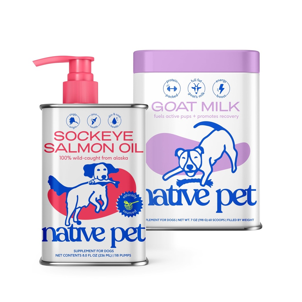 Native Pet Skin & Wellness Bundle: Sockeye Salmon Oil for Dogs (8 Oz.) & Goat Milk Powder for Dogs (60 Scoops) - Promotes Healthy Skin, Shiny Coat, & Strong Joints & Organic Goat Milk Food Topper