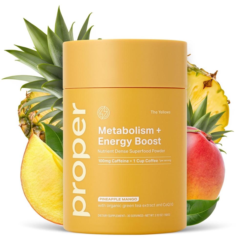 Proper, The Yellows Metabolism and Energy Boost, Sugar Free Energy Drink Powder with 100mg Caffeine. 30 Servings, Pineapple Mango Drink Mix for Men and Women