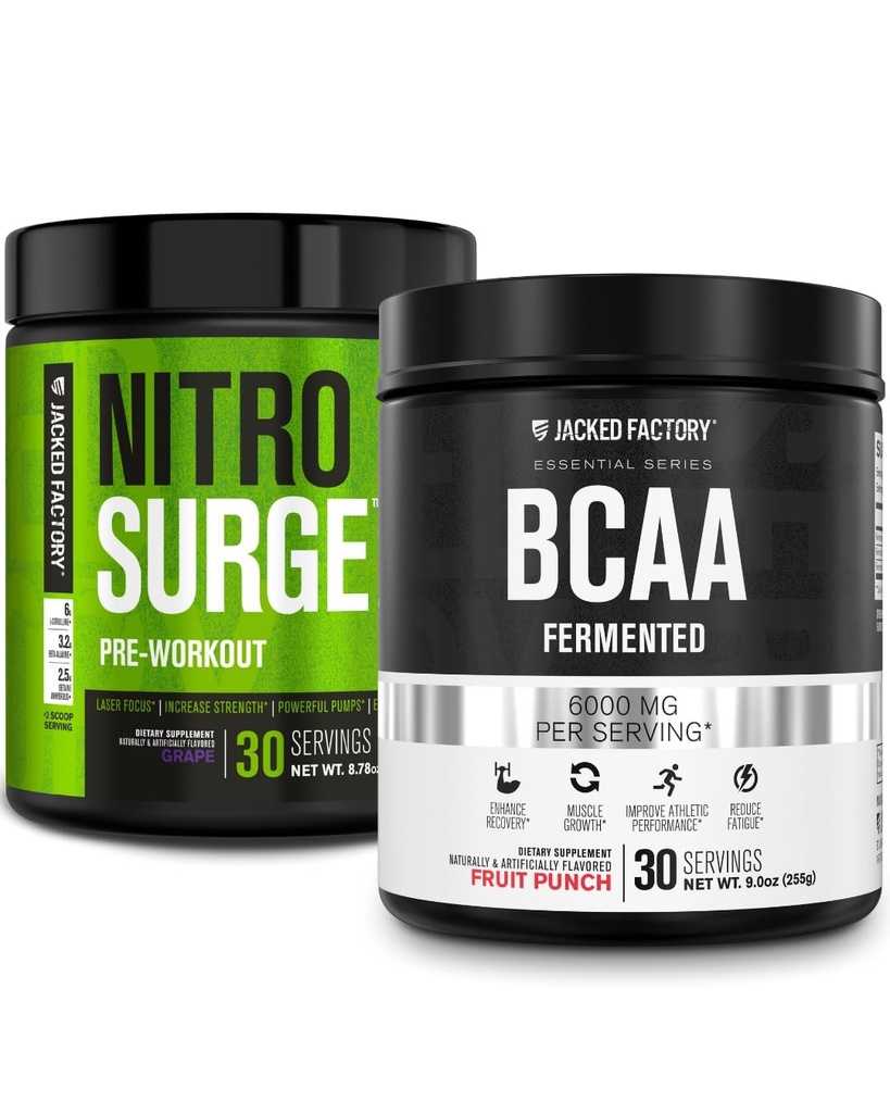 Jacked Εργοστάσιο Nitrosurge προ-εξάσκηση στο Σταφύλι & BCAA σε Fruit Punch για την οικοδόμηση μυών και την αποκατάσταση