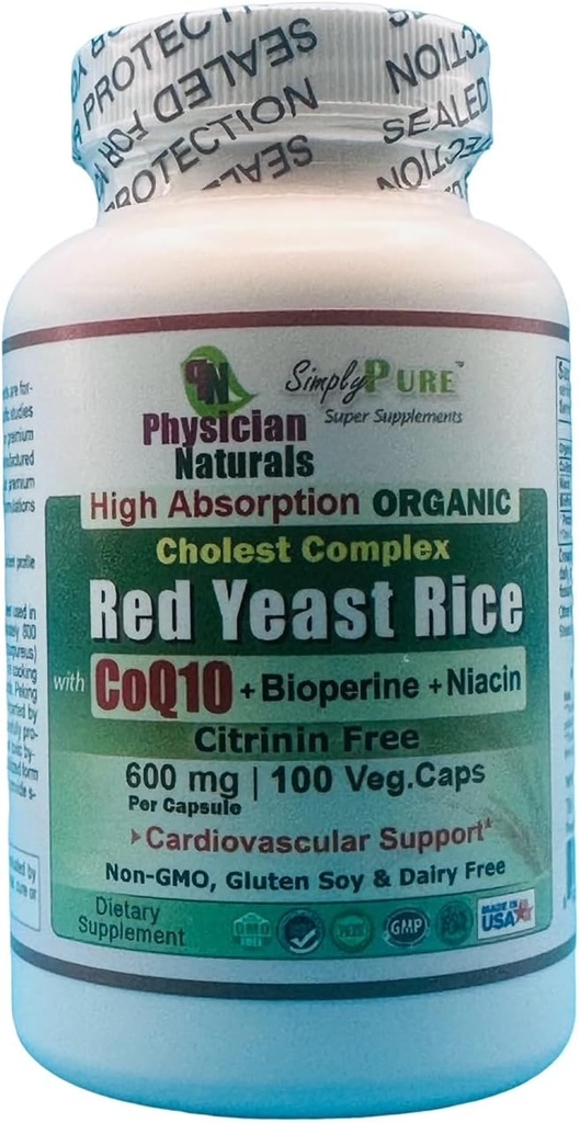 Organik Red Yeast Rice w CoEnzyme Q10 ve Piperine 600 mg Yüksek Abpsiyon 100 Veg Caps 1200 mg per hizmet başına hizmet ediyor