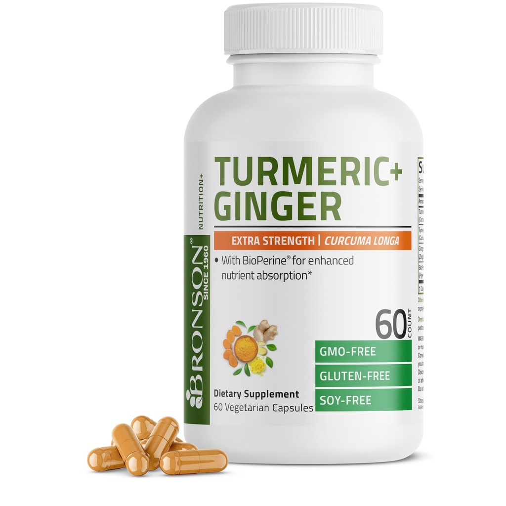 Bronson Turmeric + Ginger Ekstra Güçlü Ortak Sağlık ve Digestion Support with BioPerine, Non-GMO, 60 Vegetarian Capsules