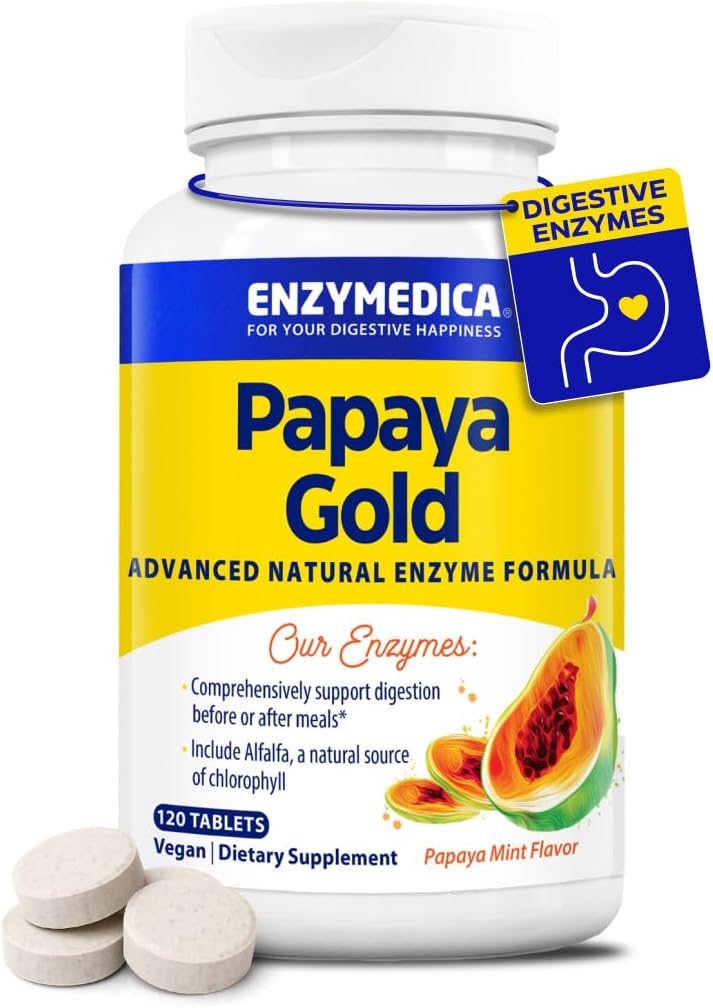Enzymedica Papaya Gold, Advanced Digestive Enzymes with Natural Organic Papaya & Chlorophyl for Complete Digestion Support, High Potency Bromelain & Papein, Vegan, Mint, 120 Chewable Tablets