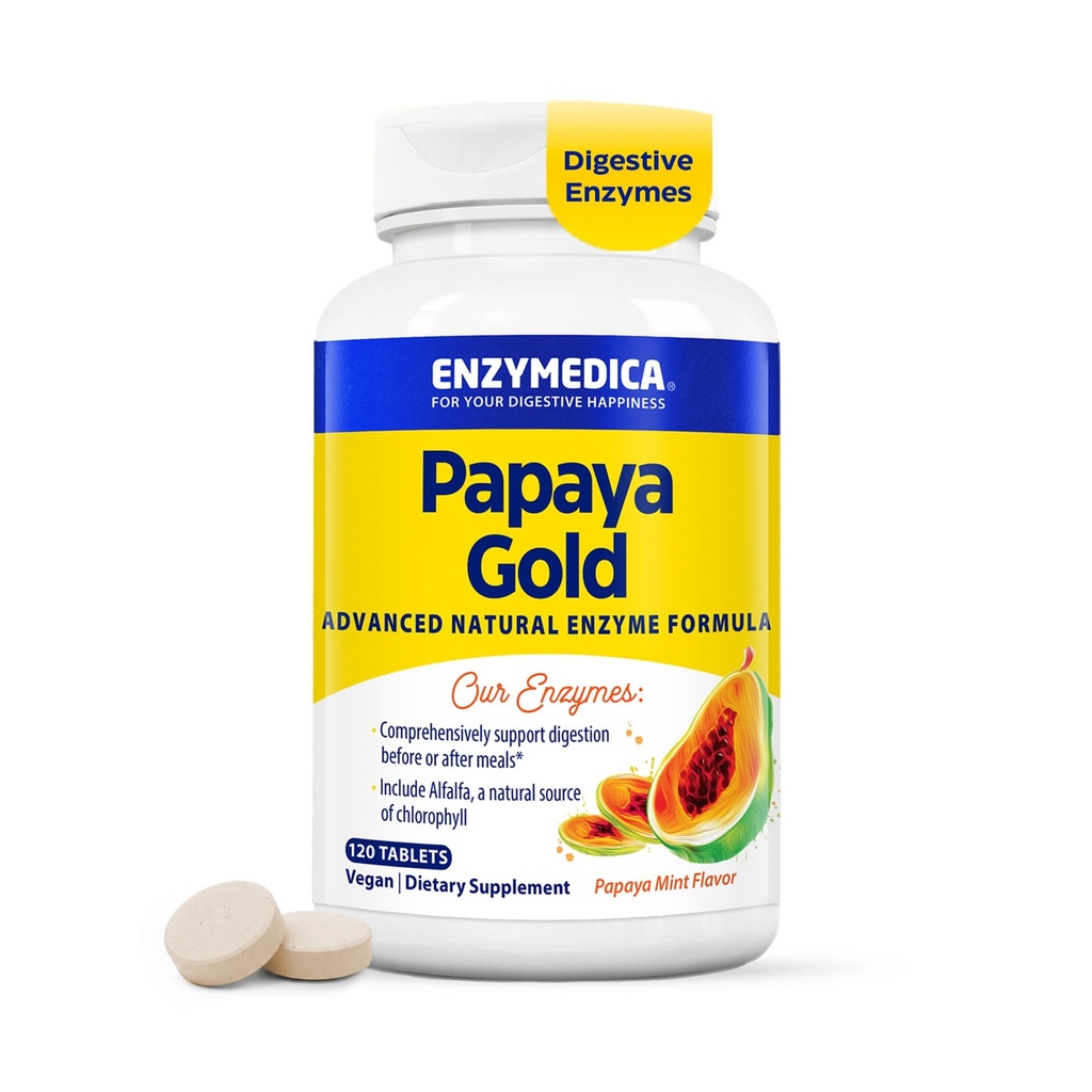 Enzymedica Papaya Gold, Advanced Digestive Enzymes with Natural Organic Papaya & Chlorophyll for Comprehensive Digestion Support, High Potency Bromelain & Papain, Vegan, Mint, 120 Chewable Tabletler