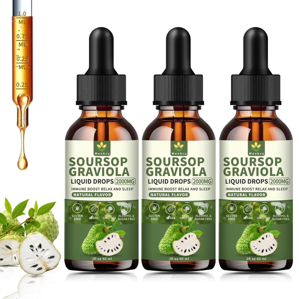 (3 Pack) Soursop Graviola Liquid Drops 2000mg，Immune Boost，Cell Support & Regeneration，Natural Antioxidant，Soursop Extract - 98%, Sugar/Gluten Free, Natural Flavor, 6 Fl Oz