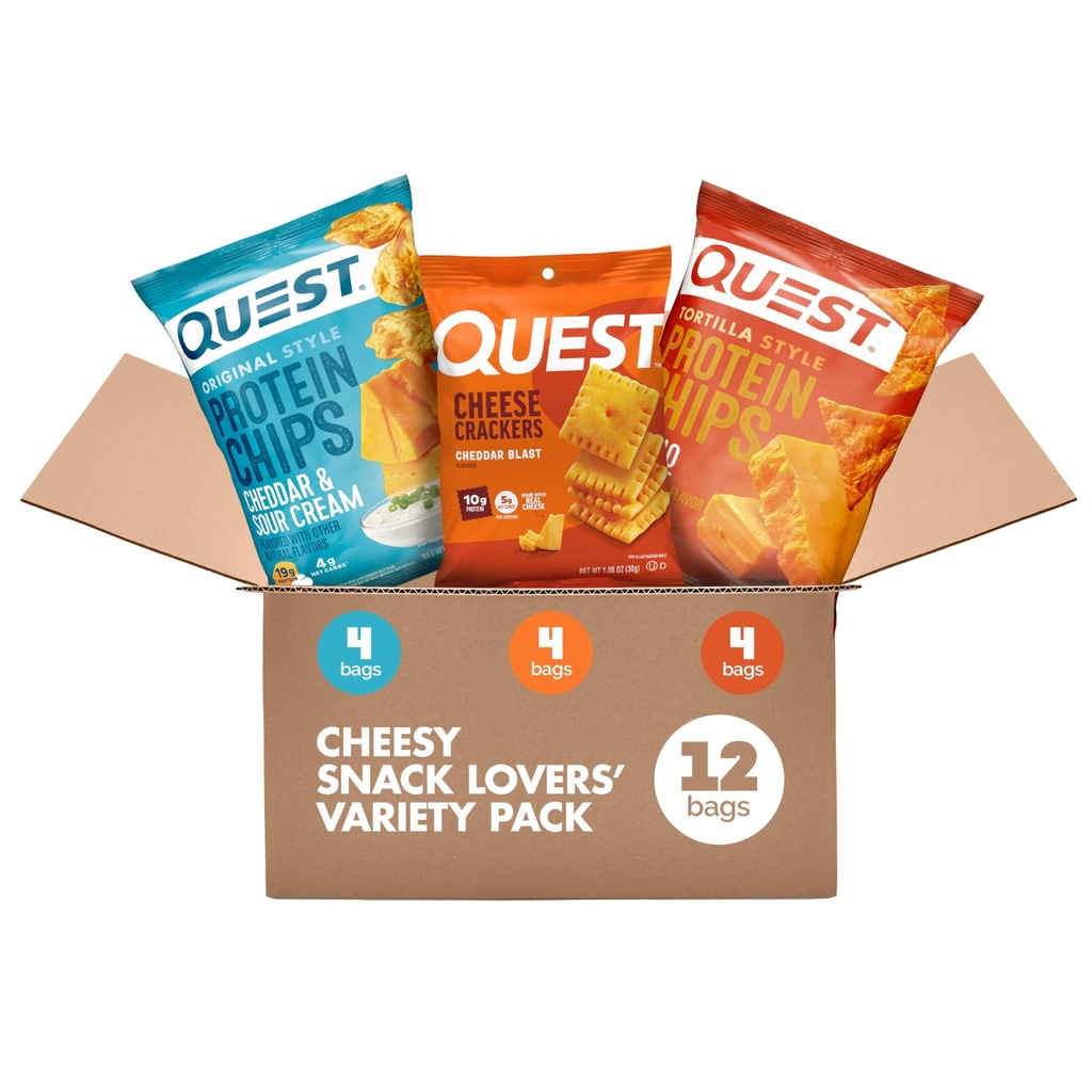 Quest Nutrition Cheese Lovers Variety Pack, Nacho Tortilla Style Protein Chips, Cheddar & Sour Cream Chips, Cheddar Blast Crackers (4 of Each), 1.1 oz, 12 Count
