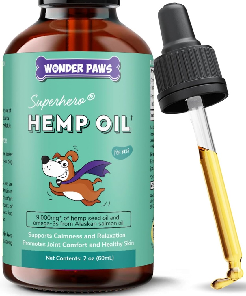 WONDER PAWS Βιολογικό έλαιο κάνναβης για σκύλους – 9.000 mg έλαιο κάνναβης με λάδι σολομού Αλάσκας & Ωμέγα 3 λιπαρά οξέα - κάνναβη για κατοικίδια, κοινή υγεία, αγχωτική ανακούφιση, ηρεμία, δέρμα & ανοσοποιητικό - 60 ml σταγόνες έλαιο κάνναβης