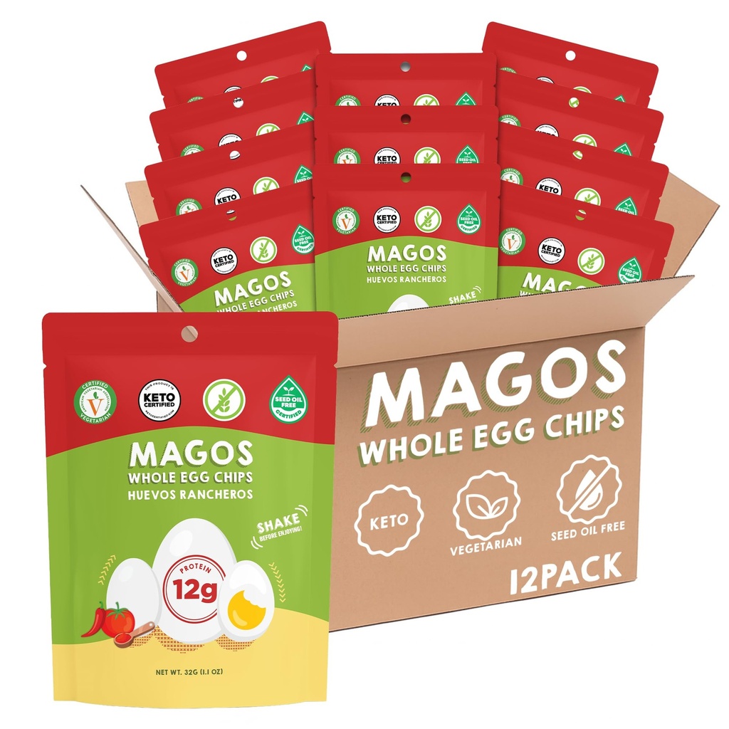 Magos Egg Chips – Huevos Rancheros, Healthy Snack, High Protein Low Carb, Light Cracker-Style Crunch, 1.1 oz Bags – Keto, Vegetarian & Carnivore Friendly, No Gluten Ingredients (12-Pack)