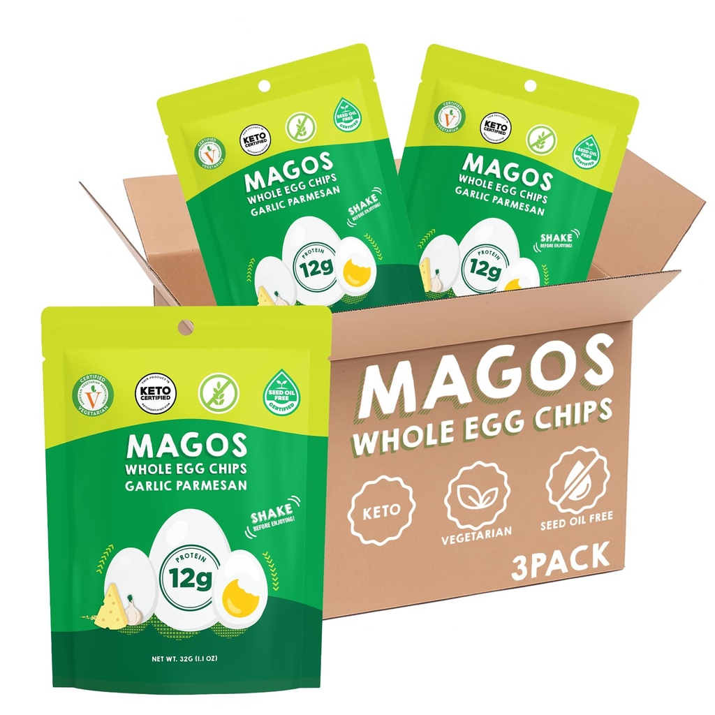 Magos Egg Chips – Garlic Parmesan, Healthy Snack, High Protein Low Carb, Light Cracker-Style Crunch, 1.1 oz Bags – Keto, Vegetarian & Carnivore Friendly, No Gluten Ingredients (3-Pack)