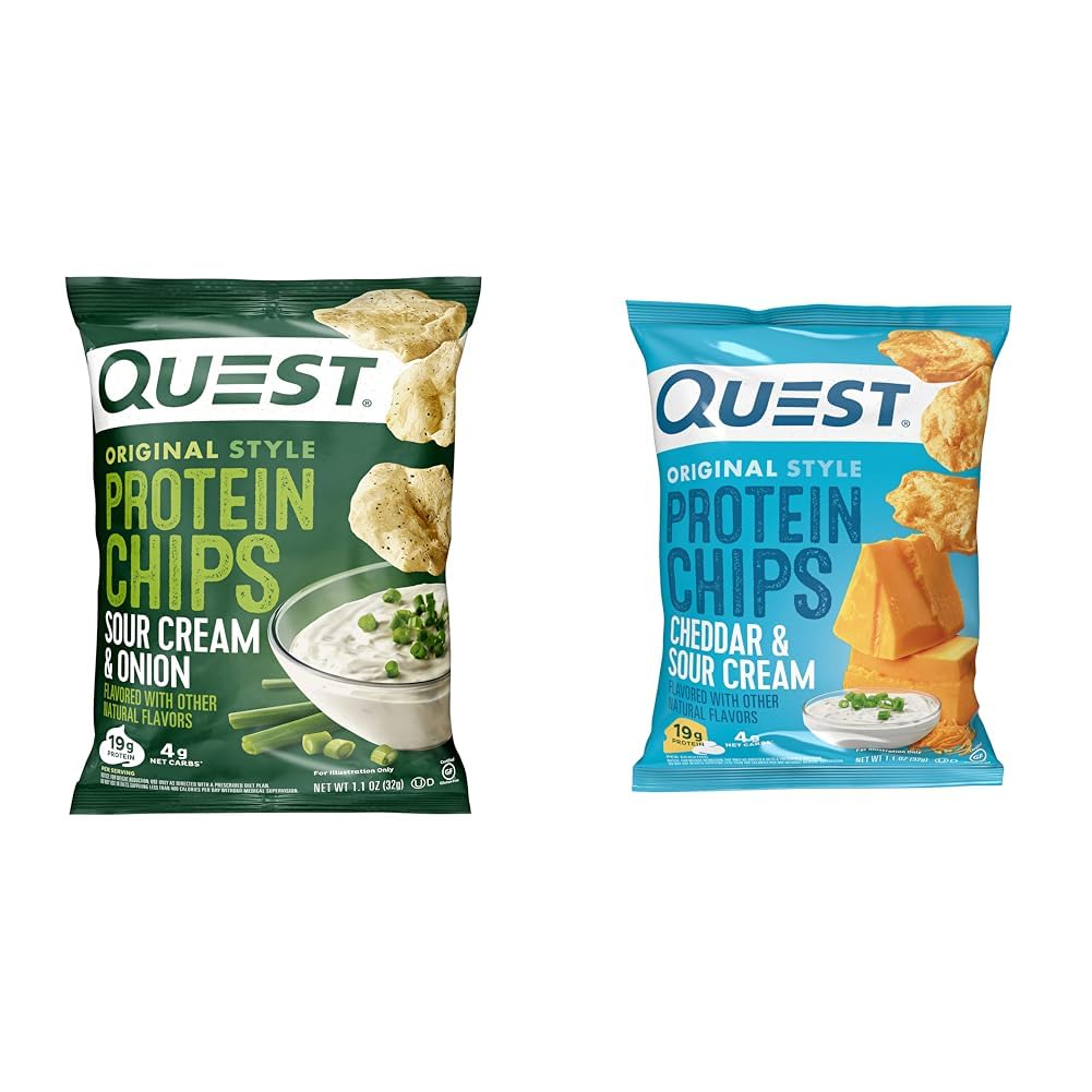 Quest Nutrition Protein Chips, Sour Cream & Onion, High Protein, Low Carb, Pack of 12 & Protein Chips, Cheddar & Sour Cream, High Protein, Low Carb, 1.1 Ounce (Pack of 12)
