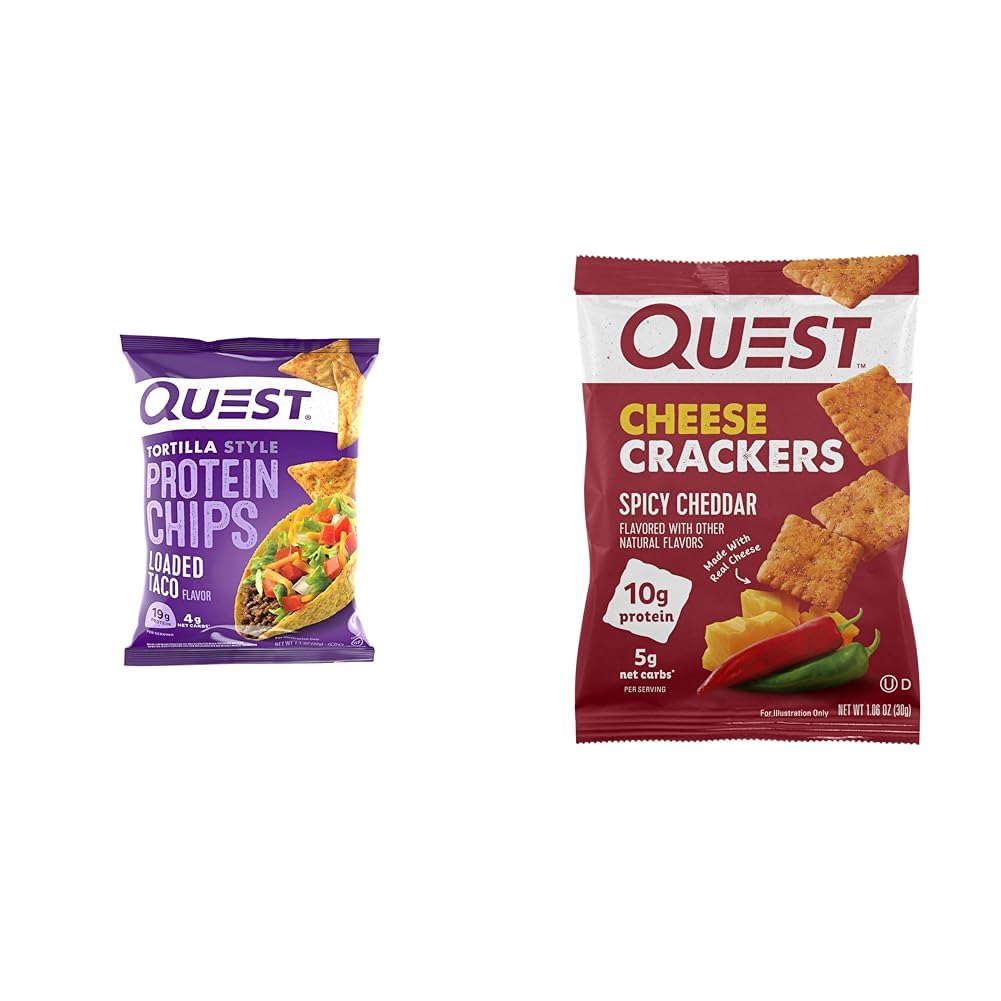 Quest Tortilla Protein Chips Loaded Taco 1.1oz (12 Count) & Cheese Crackers Spicy Cheddar Blast 1.06oz (12 Count)