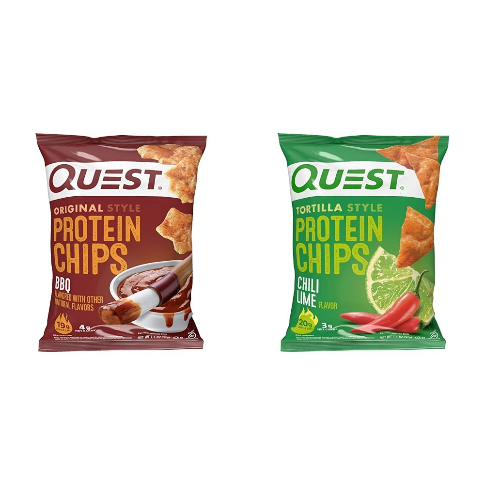 Quest Nutrition Protein Chips, BBQ, High Protein, Low Carb, 1.1 Ounce (Pack of 12) & Tortilla Style Protein Chips, Chili Lime, Baked, 1.1 Oz, Pack of 12