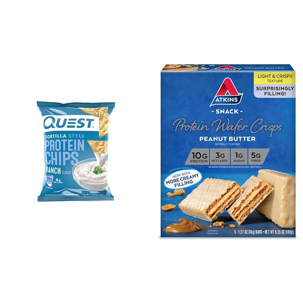 Quest Ranch Tortilla Protein Chips (Pack of 12) & Atkins Peanut Butter Protein Wafer Crisps (5 Count)