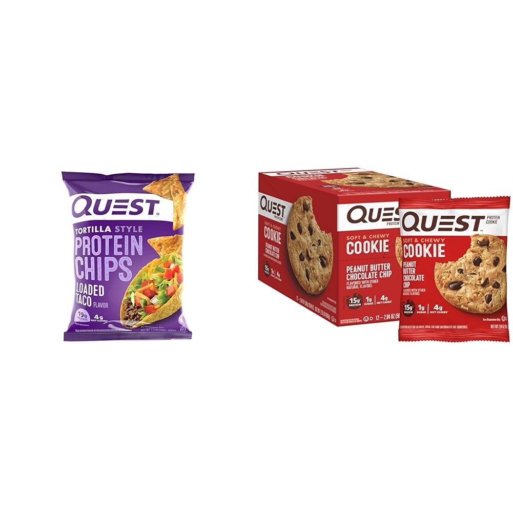 Quest Tortilla Protein Chips, Loaded Taco, Gluten Free, Pack of 12 & Peanut Butter Chocolate Chip Protein Cookies, Keto, Pack of 1 Bundle