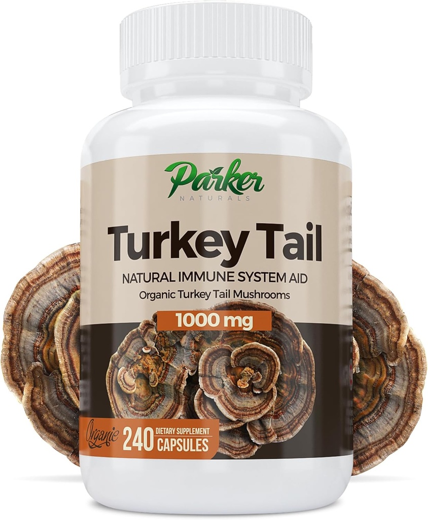 Parker Naturals Turkey Tail Mushroom Capsules - Organic Mushroom Supplement for Immune System Health Support - 1000 mg Premium Mushroom Supplements - 240 Capsules