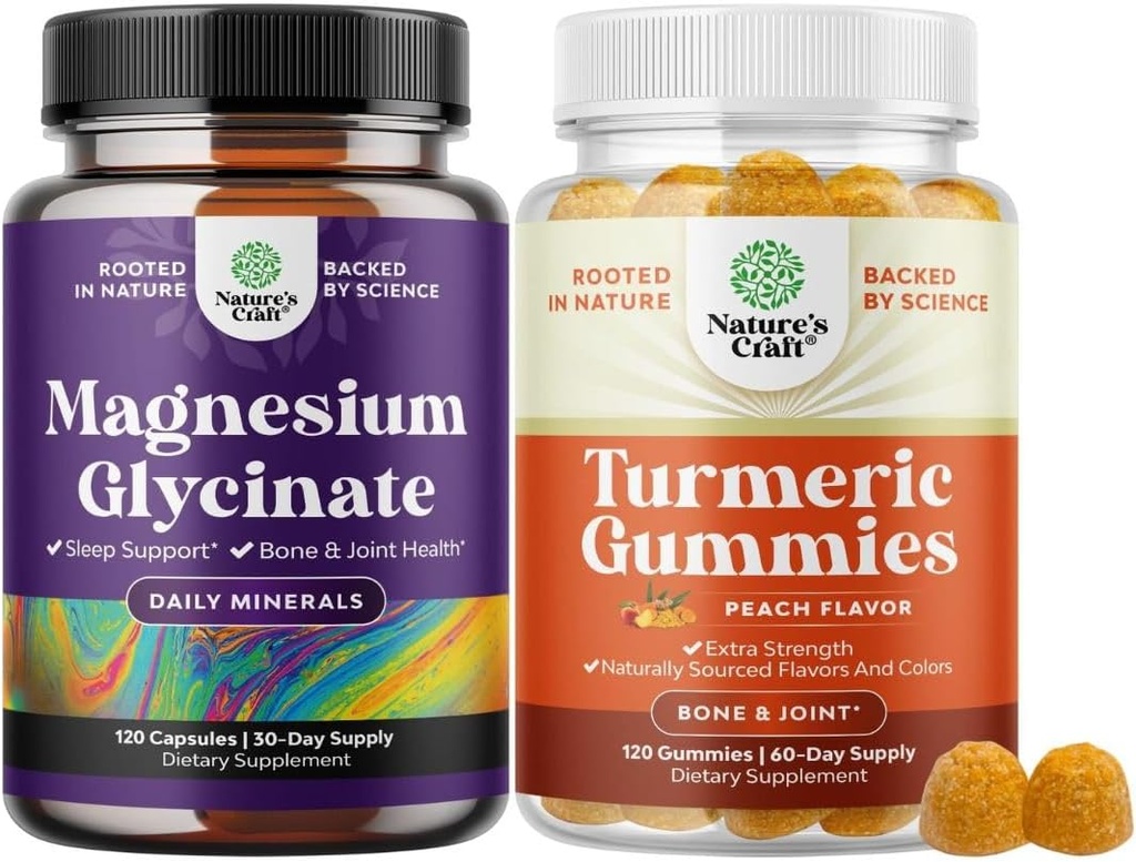 Pure Magnezyum Glycinate 400 mg Per Mood Sleep ve Relaxation ve Turmeric Gummies for Yetişkinler Peach Flavor - Ekstra Güçlü Ortak Destek