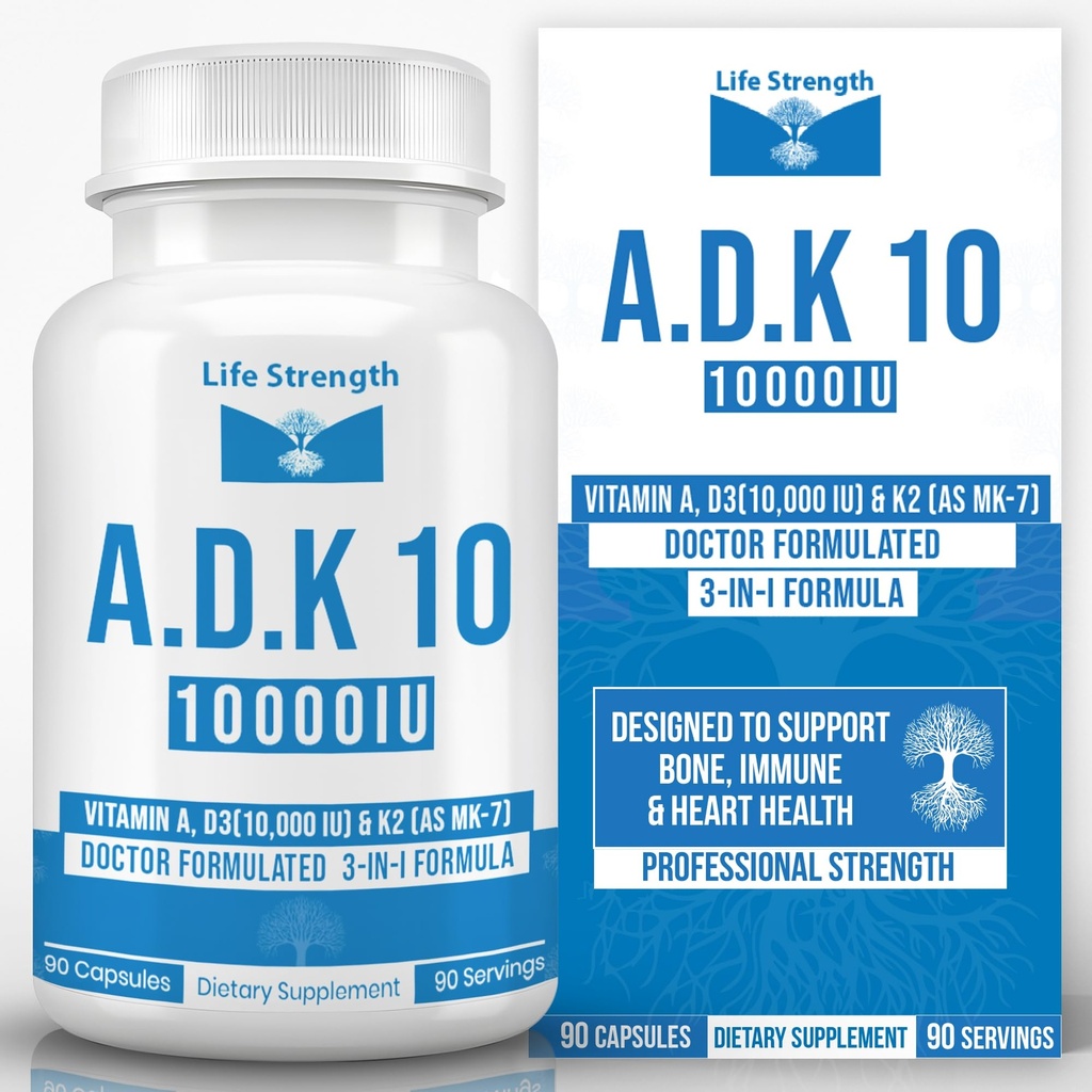 ADK 10 - ADK Vitamin Supplement - 90 Capsules - Maximum Potency Vitamin A, D3 10,000 IU & K2 (MK-7) for Healthy Bone, Heart & Immune Support - Non-GMO, Gluten Free(3-Month Supply)