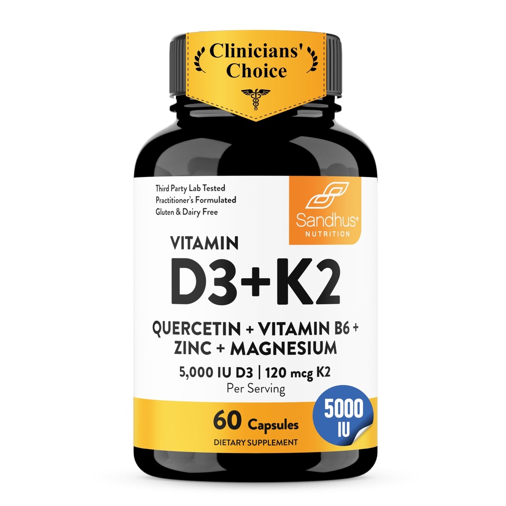 Sandhu's Vitamin D3 K2 Magnesium 5000 IU, 120mcg K2 Capsules 60 Count (Pack of 1) | with VIT B6, Zinc & Quercetin | D3K2 Supports Superior Absorption, Energy, Immune, Muscle Health for Men & Women