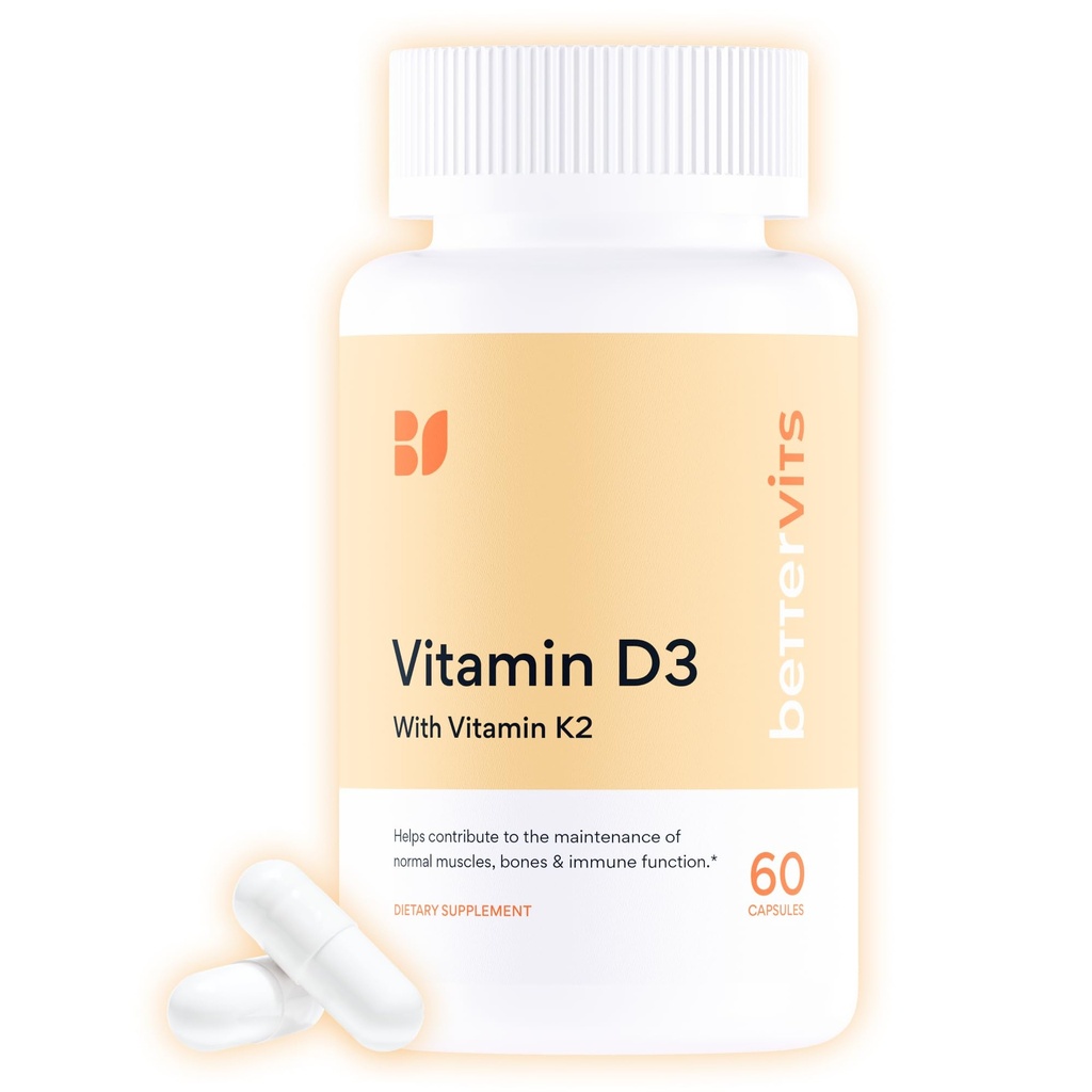 Bettervits Vitamin D3 5000 IU for Women and Men | with High Strength K2 Vitamins for Immune Support and Bone Health | Vitamin D Supplements with Calcium Absorption | 60 Vegetarian Capsules