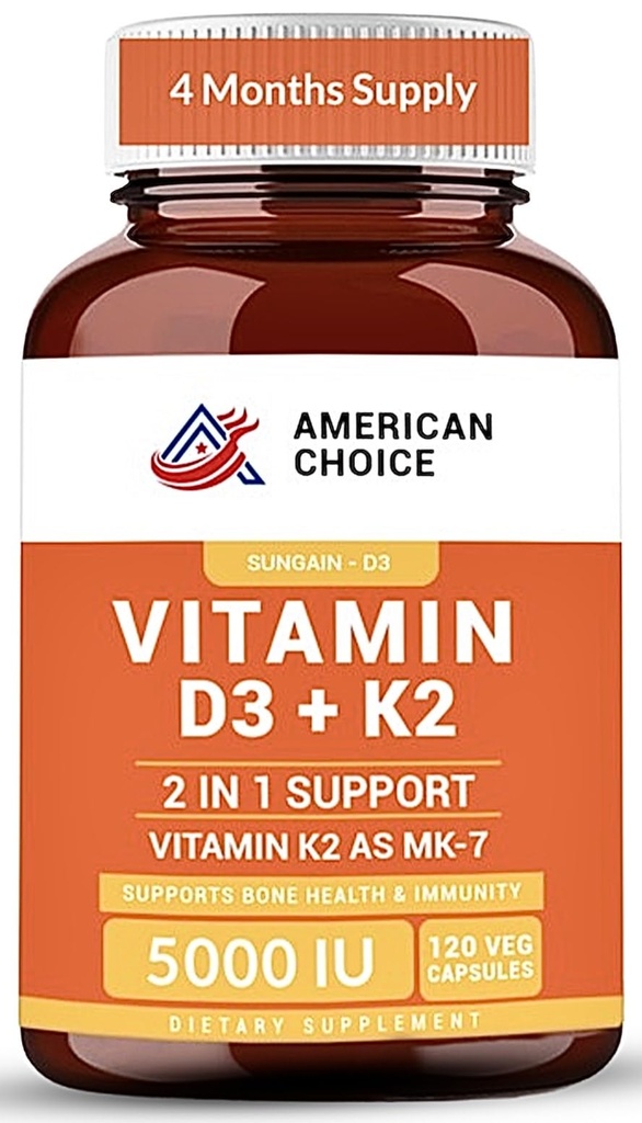 Vitamin D3 5000 IU – Enhanced Bone, Heart & Immune Support – Supports Calcium Absorption, Clean & Trusted Formula for Daily Wellness + Vitamin K2 (MK-7) 100 mcg – 120 Capsules
