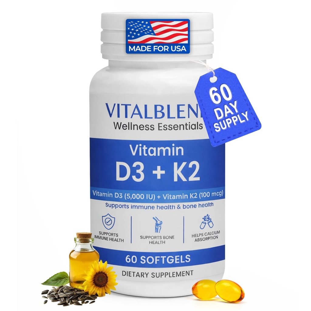 Vitamin D3 K2 Softgels, 5000 IU D3 with K2 MK-7, Bone & Heart Support Supplement – High Absorption Oil-Based Formula, Non-GMO, Sunflower Oil Softgels – 60 Count – 60 Day Supply