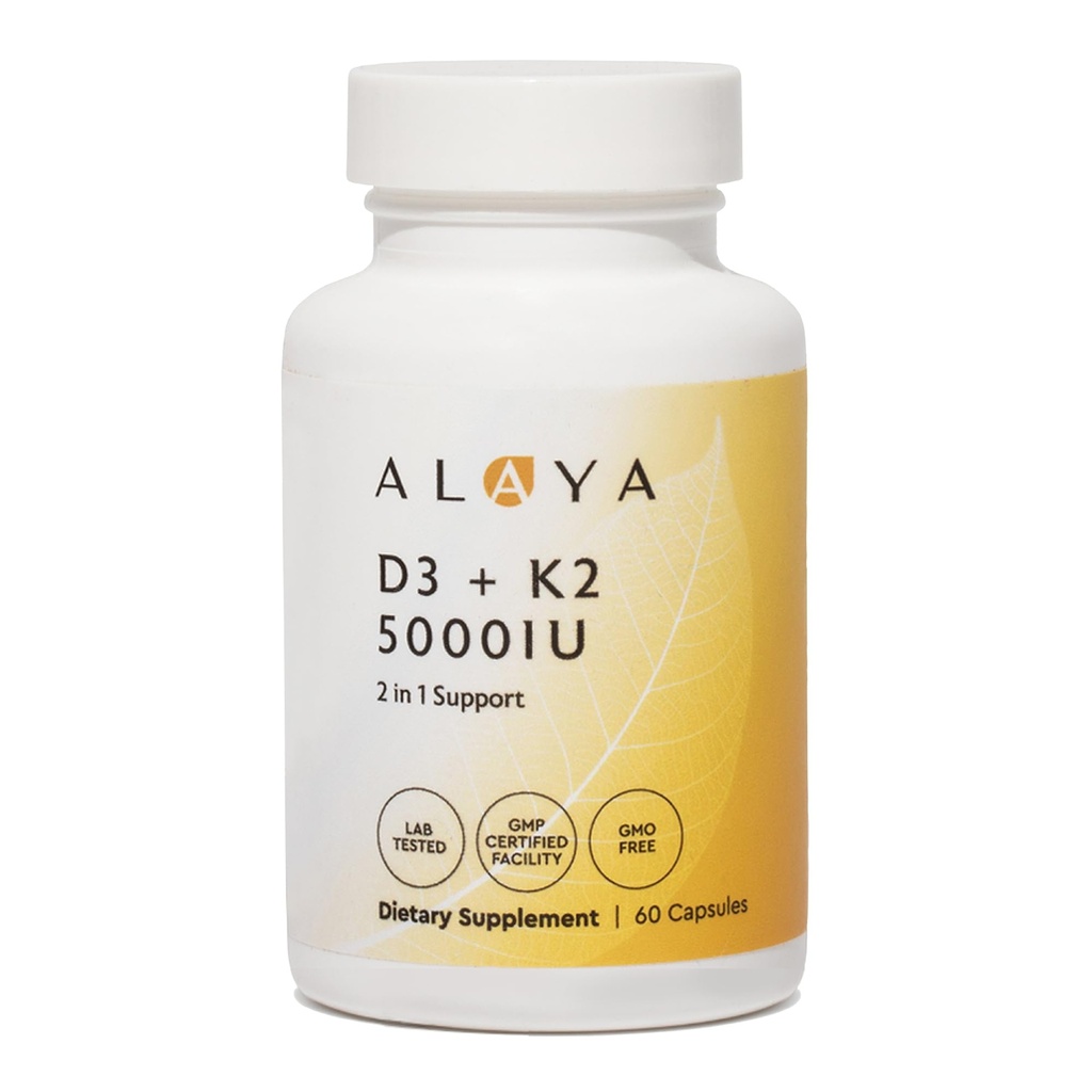Alaya Naturals Vitamin D3 K2 Supplement – 5000 IU D3, 50 mcg K1, 15 mcg K2 MK-7 – High Absorption Capsules for Bone & Immune Support, Non-GMO, Vegetarian Capsules 60 Count