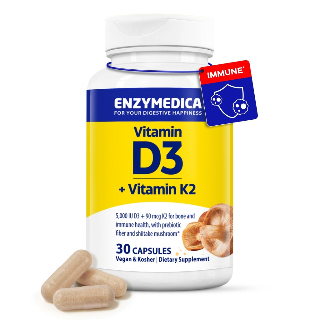 Enzymedica Vitamin D3 and K2 Supplement Caps for Men & Women - VIT D3 5000 IU & VIT K2 MK-7 90 mcg, Immune & Bone Health Support, Features Shitake Mushrooms & Prebiotic Fiber, Vegan - 30 Capsules