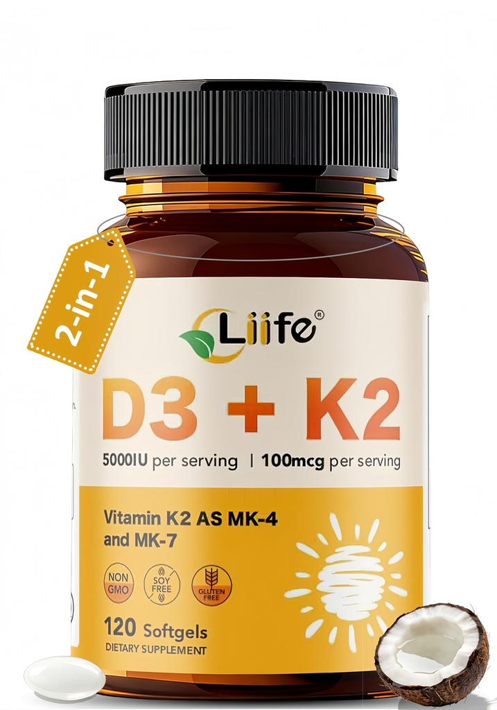 LIIFE Vitamin D3 K2（MK7+MK4） Supplement 5000IU with Organic Extra Virgin Coconut Oil - Supports Calcium Absorption, Bone & Immune Health- Non-GMO 120 Softgels