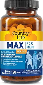 Country Life Max for Men Multivitamin: Iron-Free, Gluten Free, Saw Palmetto, Lycopete, Καθημερινή υποστήριξη για την ενέργεια, την καρδιά και την υγεία των ανδρών,120 χορτοφαγικά δισκία