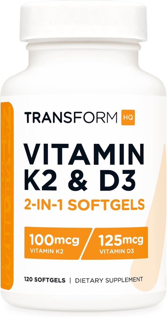 TransformHQ Vitamin K2 (MK7) (100mcg) + Vitamin D3 (5000 IU) 120 Softgels - Gluten Free and Non-GMO