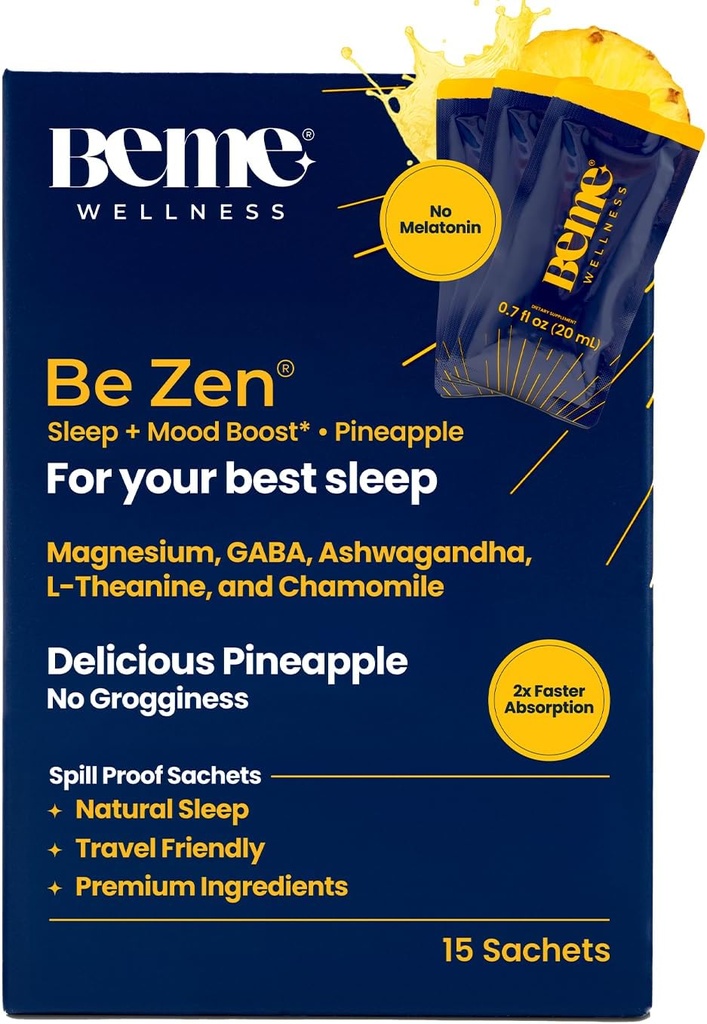 BeMe BeZen Sleep Aid Supplement Natural Without Melatonin - 2X Ab component Than Pills - Magnezyum ile Yetişkinler için Uyku Yardımları, Ashwagandha, Chamomile, L-Theanine & GABA - Delicious Pineapple