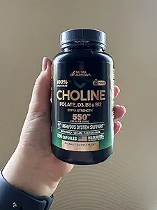 NUTRAHARMONY Choline Supplement - Choline Bitartrate 100% Günlük Değer - 5-in-1 Kompleks with Folate, Vitamins D3, B6 & B12 - Vegan, Non-GMO - 120 Capsules