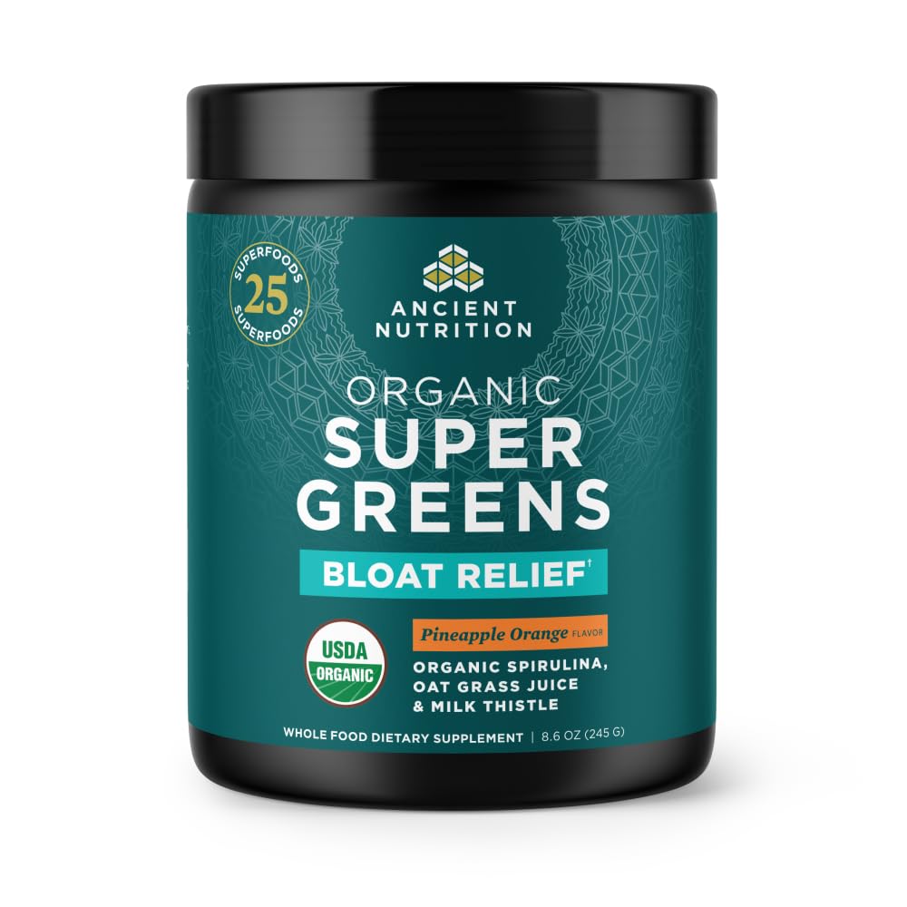 Ancient Nutrition Organic SuperGreens Bloat Relief, Digestive Enzymes, Prebiotic Fiber & Probiotics, Supports Bloat Relief & Digestive Health, 25 Superfoods, Pineapple Orange, 25 Servings