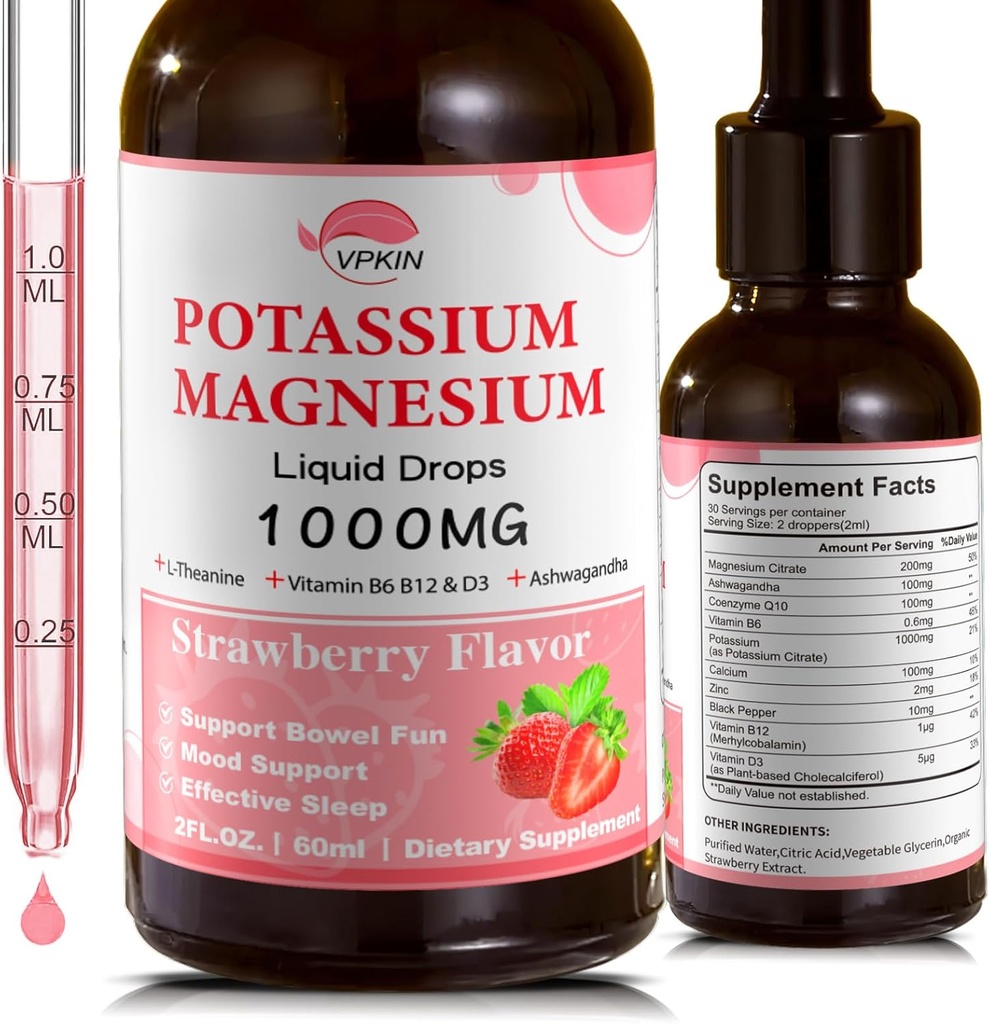 Potasyum Magnezyum Citrate Supplement,Magnesium Liquid Drops Magnezyum Glycinate 1000 mg with Ashwagandha,Zinc, Support Clam & Support Immune System (Strawberry,2 FL.OZ)