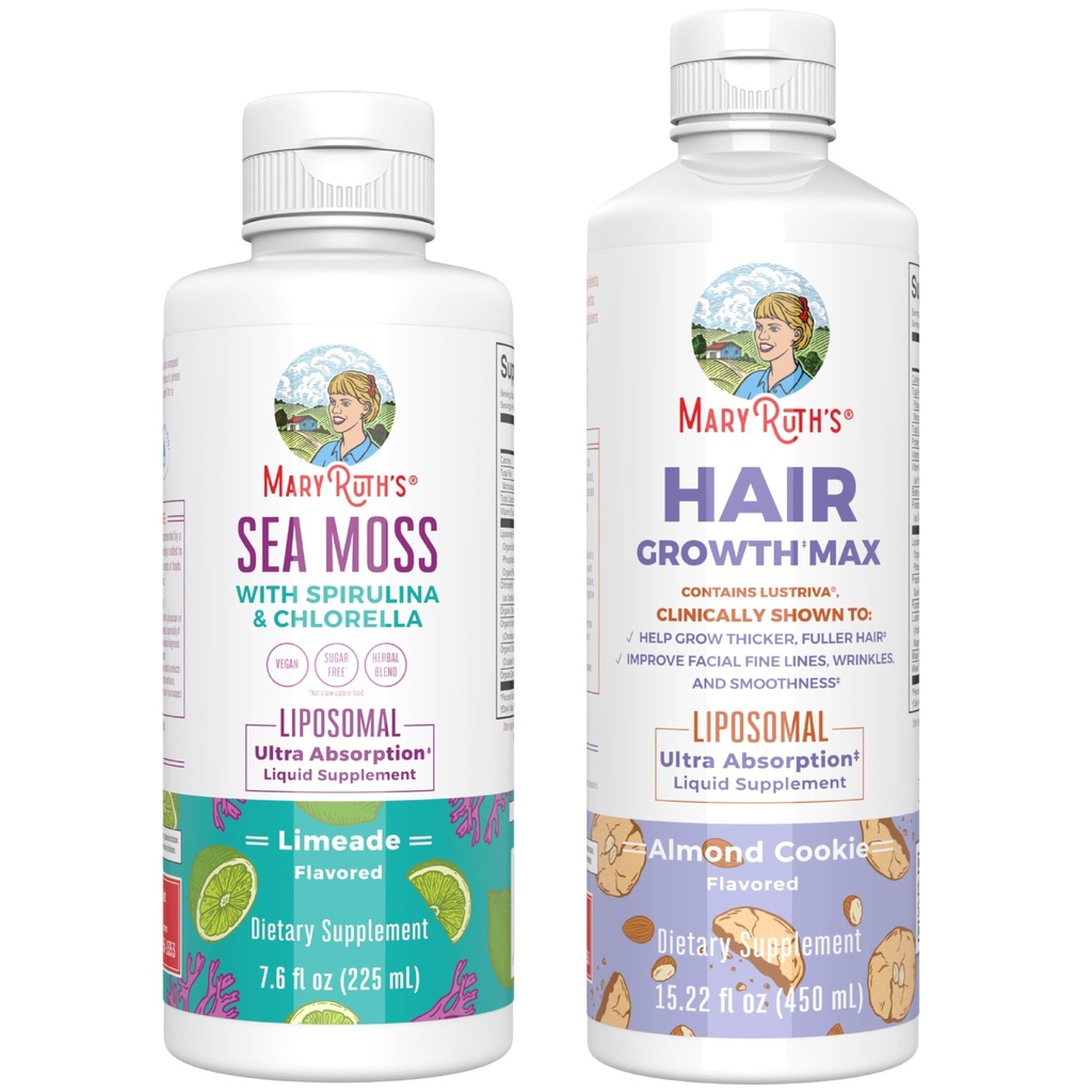 MaryRuth Organics Sea Moss Liposomal (Limeade) & Saç Büyüme MAX (Almond Cookie) | Temiz Etiket Projesi Doğrulanmış® | Enerji için Vitaminler, Immunity, & Beauty | Vegan, Gluten-Free, Non-GMO