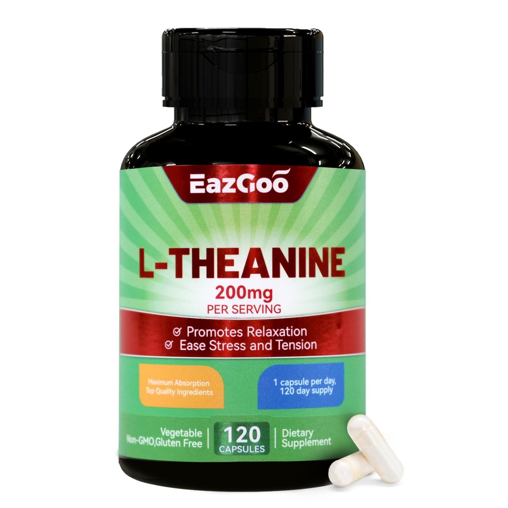 L-Θεανίνη 200mg, Amino Acid συμπλήρωμα για την υποστήριξη χαλάρωσης, stress, L Theanine Κάψουλες - Μη ΓΤΟ, Χωρίς γλουτένη, 120 Veg κάψουλες