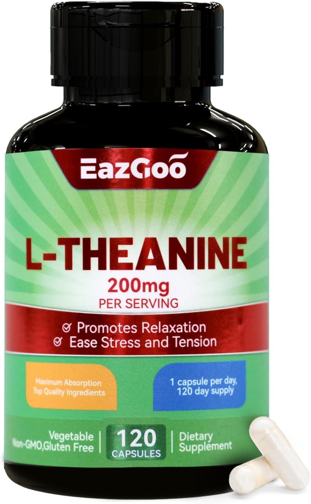 L-Theanine 200mg, Amino Acid Supplement to Support Relaxation, Stress, L Theanine Capsules - Non-GMO, Gluten Free, 120 Veg Capsules