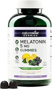 NatureWise Melatonin Gummies 5mg - Non-Habit Forming Sleep Support Supplement with Ashwagandha, Valerian Root - BlackBerry-Lemon Flavor - Vegan, Gluten Free, Non-GMO - 180 Count[90-Day Supply]