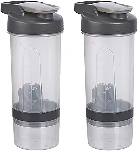 Basics protein Shaker Şişe with Mikser Ball, Cups for Shakes, 20 oz, 2Pack, Gray, 11.8x9x23 cm