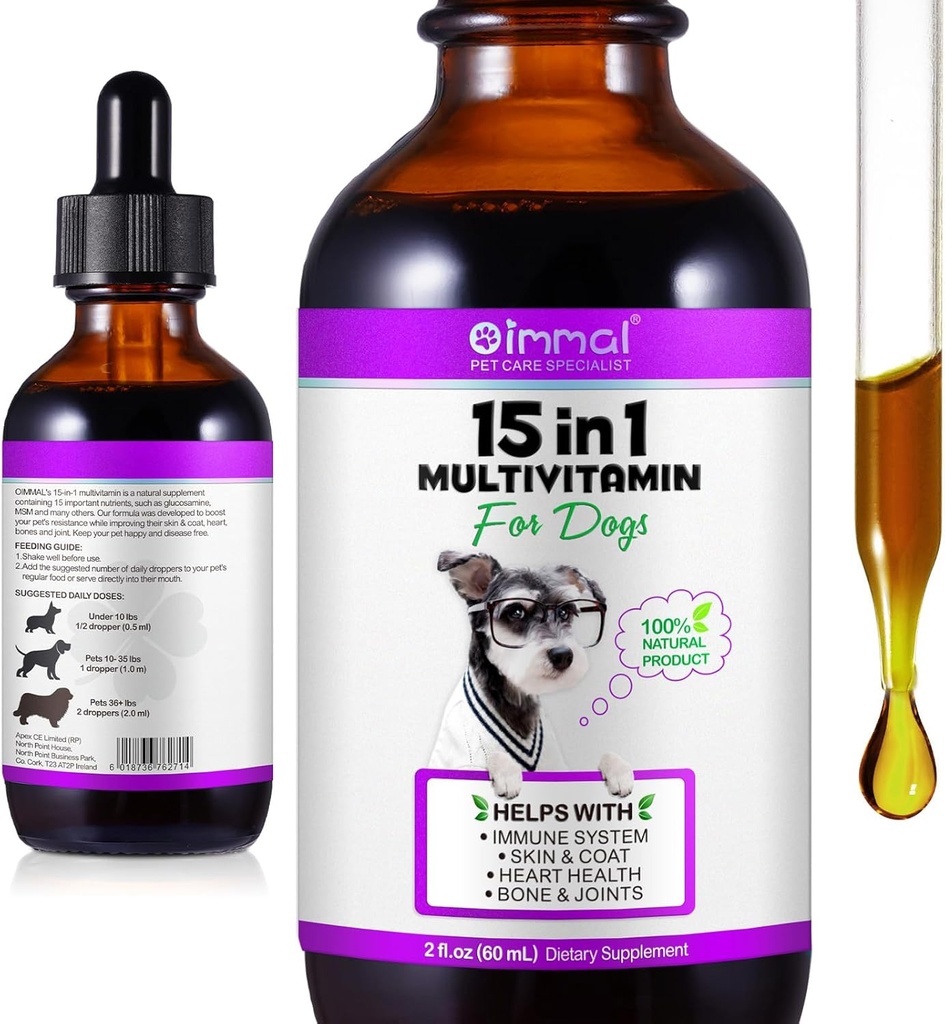 Köpekler için 1 Dog Multivitamin Drops - Dog Vitamins & Supplements Natural Dog Multivitamins and Minerals - Glucosamine, MSM for Skin & Coat, Heart Health, Bones, Joint, Immune System Support