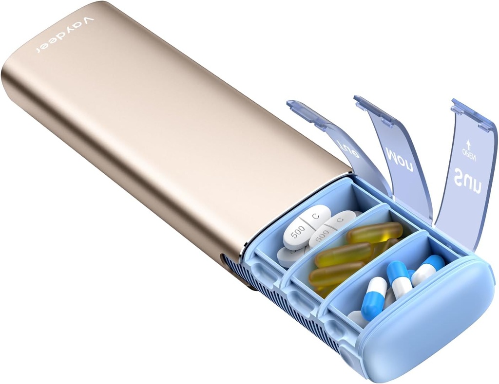 Vaydeer Metal Seyahat Pill Organizer, 7 Günlük Pill Box, Büyük Kapasite Daily Cute Pill Case for Supplements, Pills, Vitaminler ve İlaçlar (Küçük, şampanya)