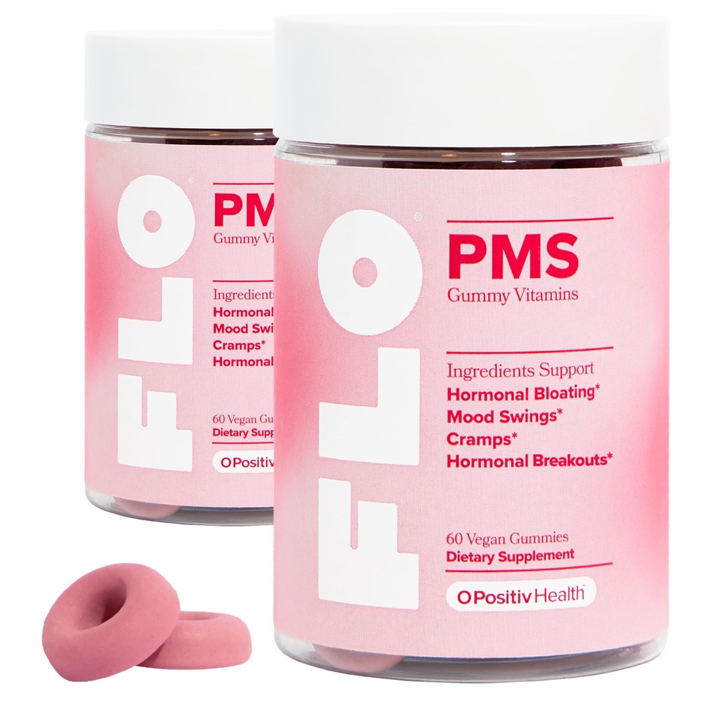 O Positiv FLO PMS Gummies for Women - Proactive PMS Relief - Targets Hormonal Breakouts, Bloating, Cramps, & Mood Swings with Chasteberry, B6, & Lemon Balm - PMS Gummies (Pack of 2)