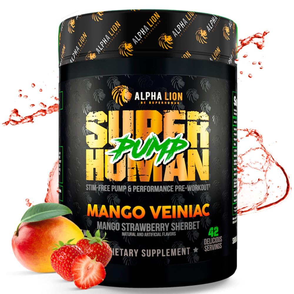 ALPHA LION Superhuman Pump Pre Workout Toz, Nootropic Caffeine & Stim Free Preworkout Supplement, Nitrik Oksit, Kas Winer, Enerji & Focus (42 Hizmetler, Mango Veiniac Flavor)
