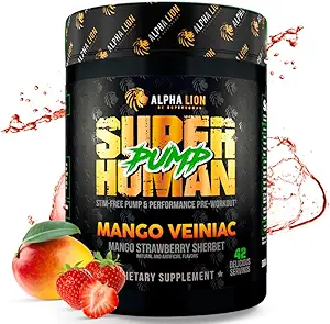 ALPHA LION Superhuman Pump Pre Workout Toz, Nootropic Caffeine & Stim Free Preworkout Supplement, Nitrik Oksit, Kas Winer, Enerji & Focus (42 Hizmetler, Mango Veiniac Flavor)