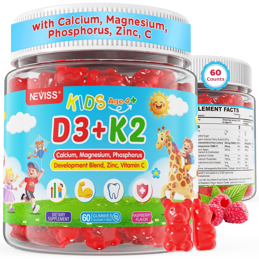 Vitamin D3 K2 Gummies for Kids & Teens + Calcium, Magnesium, Zinc, Phosphorus, C, Kids Multivitamin D3 & K2 Supplement for Bṏne Health, Calcium Absorption, Focus & Immunity, Non GMO, Sugar Free, 60Cts